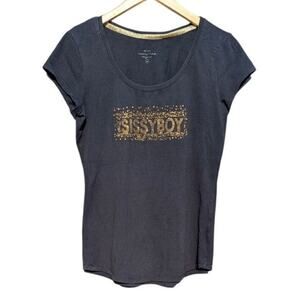 Sissy Boy black Y2K spell out t shirt gold bedazzled mob wife aesthetic xl